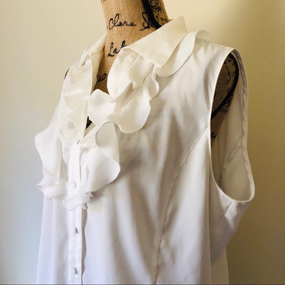 Tahari Ivory Collared Button-up Ruffle Top - Picture 2 of 5